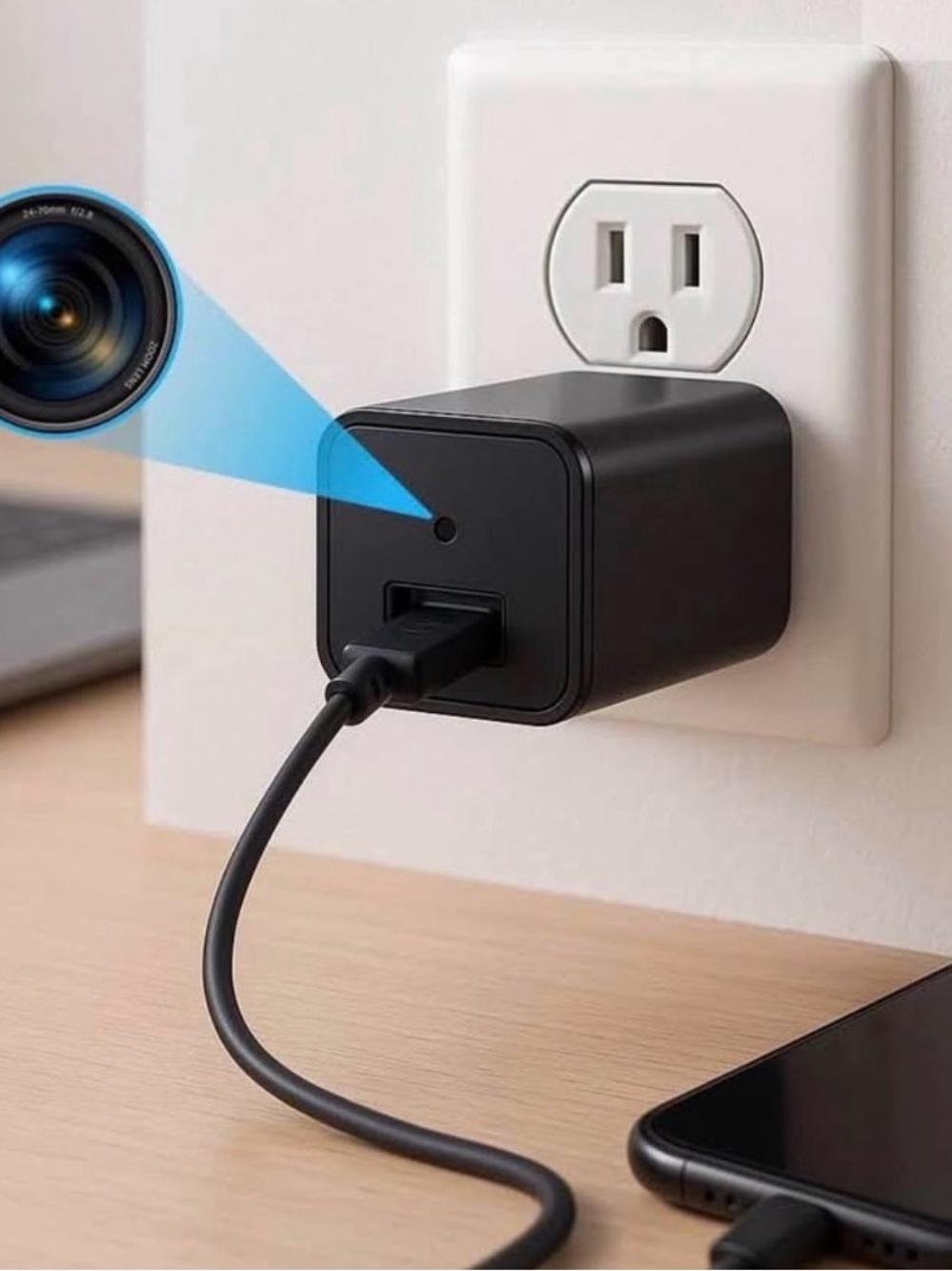Black Hidden Spy Camera USB Wall Charger - Discreet Surveillance
